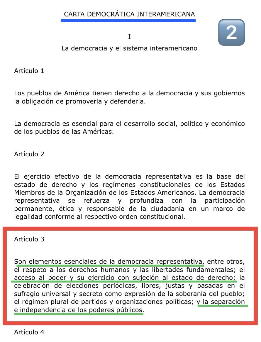 PazConDialogo's tweet image. Puedes ver con jerarquía superior la Carta de la OEA(1️⃣) artículo 2 inciso b) y la Carta Democrática Interamericana(2️⃣) artículo 3; SI SE FUNDAMENTAN las MÚLTIPLES VIOLACIONES de AMLO y Sheinbaum, podríamos ser tomados en cuenta por la OEA para una explicación más profunda.