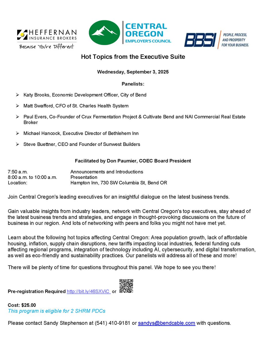 Sharing information about an upcoming event in Bend on September 3rd about the future of business in the region.