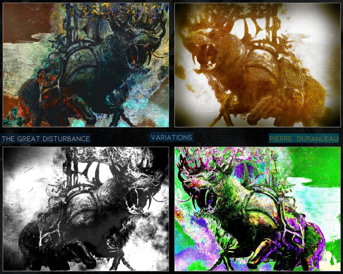 PDcafargo's tweet image. Variations on a theme (part 2) taken from the Great Disturbance painting. Scanned original work modified with @filterforge filters and other 2d tools.  cafargo.com 
#filterforge #thelongemergency #liminalspace #falseflag #postindustrial #posthumanity #art #2d…