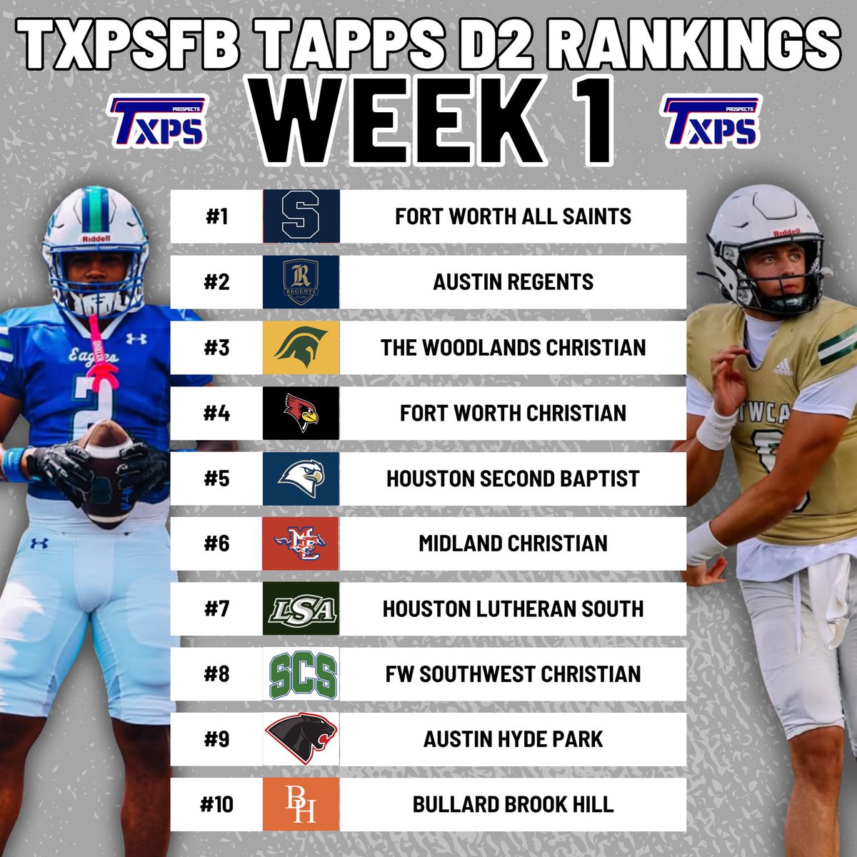Texas Private School Football (@txprivatefbguy) on Twitter photo 🚨 Week 1 TXPSFB Rankings 🚨
TAPPS D2
1. <a href="/PTFFootball/">All Saints' Football</a>
2. <a href="/RSA_Athletics/">Regents Athletics</a>
3. <a href="/TWCAFootball/">TWCA Football</a>
4. <a href="/FWC_CardinalFB/">Fort Worth Christian Football</a>
5. <a href="/SBS_Athletics/">SecondBaptistSchoolAthletics</a>
6. <a href="/MCSMustangFB/">Midland Christian Football</a>
7. <a href="/lsaathl/">LSA Athletics</a>
8. <a href="/SCSEaglesFB/">SCSFB</a>
9. <a href="/HP_ThePark/">The Park Football</a>
10. <a href="/brookhillguard/">Brook Hill Guard</a>
#RecruitTXPSFB 🚨 Week 1 TXPSFB Rankings 🚨
TAPPS D2
1. <a href="/PTFFootball/">All Saints' Football</a>
2. <a href="/RSA_Athletics/">Regents Athletics</a>
3. <a href="/TWCAFootball/">TWCA Football</a>
4. <a href="/FWC_CardinalFB/">Fort Worth Christian Football</a>
5. <a href="/SBS_Athletics/">SecondBaptistSchoolAthletics</a>
6. <a href="/MCSMustangFB/">Midland Christian Football</a>
7. <a href="/lsaathl/">LSA Athletics</a>
8. <a href="/SCSEaglesFB/">SCSFB</a>
9. <a href="/HP_ThePark/">The Park Football</a>
10. <a href="/brookhillguard/">Brook Hill Guard</a>
#RecruitTXPSFB