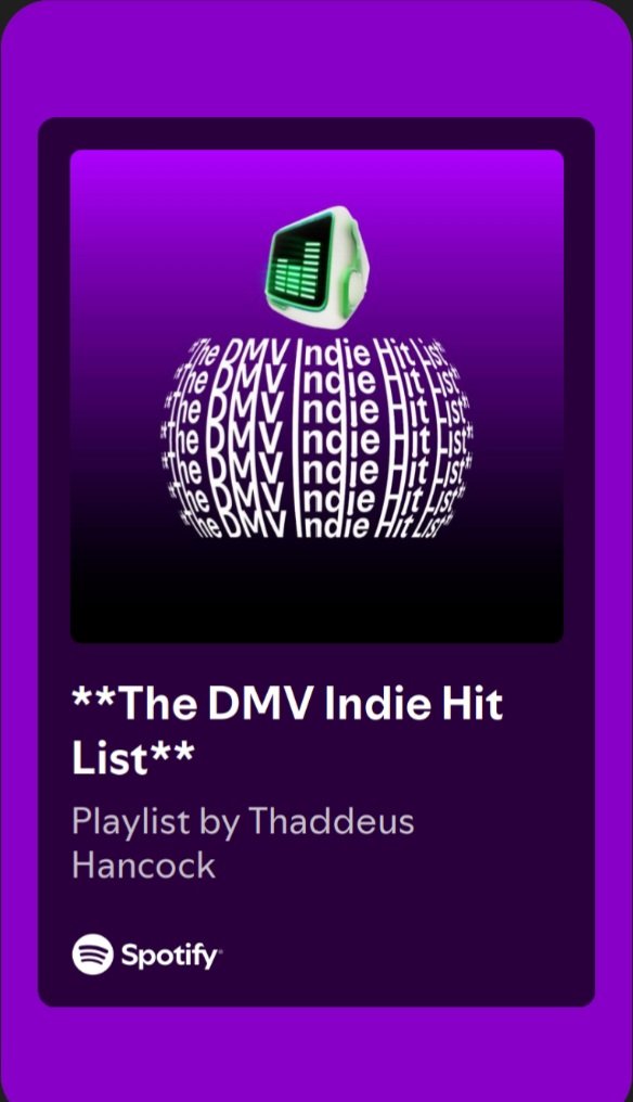 **For DMV and Supporting Artists! Add a couple of your best hits to our playlist or share your Spotify Artist Page link now. We'll add a couple of your tracks for listeners to hear.**
Dedicated To All The Rising DMV Artists On Spotify. To Help Boost Our Streaming Numbers And