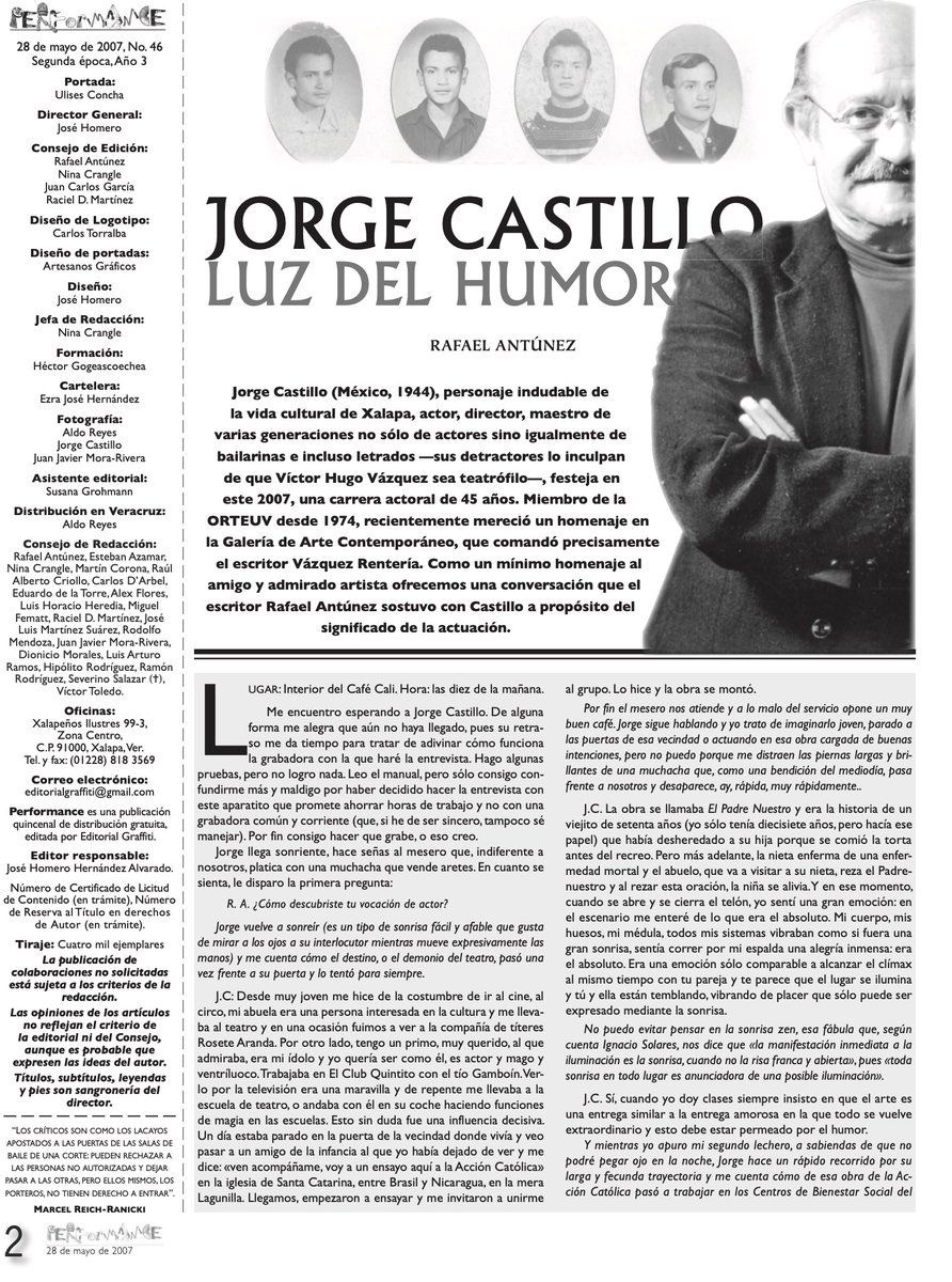 Murió Jorge Castillo, actor y director teatral, nativo de la Ciudad de México, pero xalapeño adoptivo. Además de hombre de teatro, fue fotógrafo. Colaboró asiduamente en <a href="/Performance_/">Performance</a> . Lo recuerdo con cariño y lamento su muerte.
is.gd/SlBnyK
