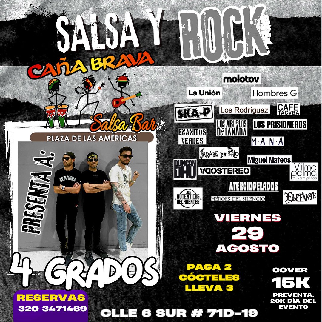4GradosOficial's tweet photo. Viernes 29 noche de SALSA Y ROCK en 
CAÑA BRAVA SALSA BAR.
@canabravasalsa https://t.co/VfEuVu0veo