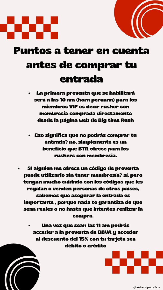 rushersperuchos's tweet photo. Buenas noches, rushers

Aquí le dejamos un poco de información para los rushers que piensan comprar su entrada mañana ♥️ @bigtimerush #bigtimerush #Peru https://t.co/VZXkt5saiQ