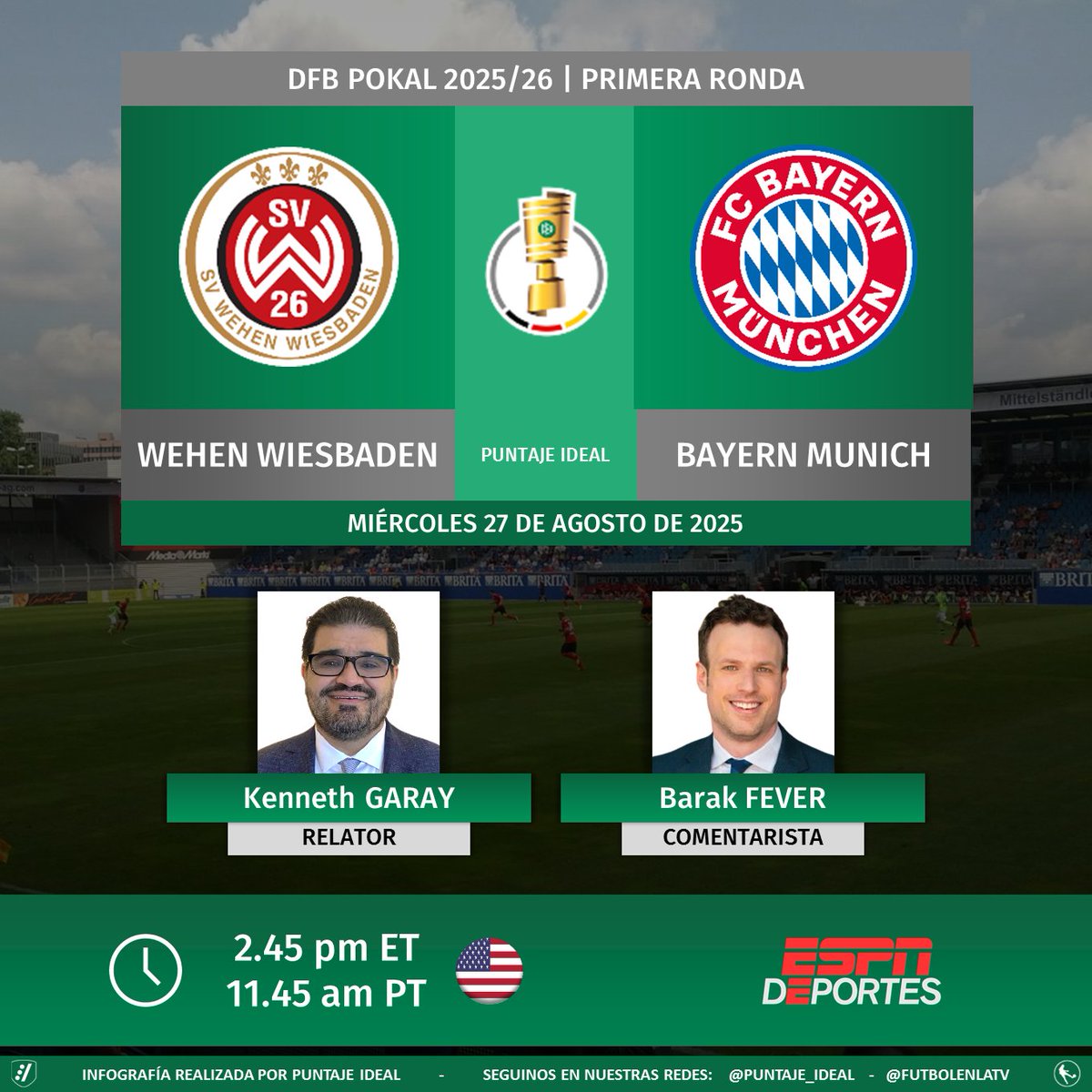 Puntaje Ideal (@puntaje_ideal) on Twitter photo ⚽ #DFBPokal 🇩🇪 | #WehenWiesbaden vs. #FCBayern
🎙 Relator: <a href="/kenneth_garay/">kenneth garay</a>
🎙 Comentarista: <a href="/barakfever/">Barak Fever</a>
📺 <a href="/ESPNDeportes/">ESPN Deportes</a> 🇺🇸
💻📱 <a href="/ESPNPlus/">ESPN+</a> 🇺🇸
🤳 #POKALxESPN - #WIEFCB
Dale RT 🔃 ⚽ #DFBPokal 🇩🇪 | #WehenWiesbaden vs. #FCBayern
🎙 Relator: <a href="/kenneth_garay/">kenneth garay</a>
🎙 Comentarista: <a href="/barakfever/">Barak Fever</a>
📺 <a href="/ESPNDeportes/">ESPN Deportes</a> 🇺🇸
💻📱 <a href="/ESPNPlus/">ESPN+</a> 🇺🇸
🤳 #POKALxESPN - #WIEFCB
Dale RT 🔃