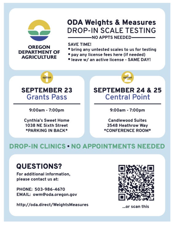 CannXperts (@cannxperts) on Twitter photo The <a href="/ORDeptAg/">Oregon Department of Agriculture</a> โ Weights & Measures team is hosting its first-ever Drop-In Scale Testing Clinics. No appointments needed!
Bring your scales and take care of compliance in one stop:
โขHave your scales inspected on the spot,
โขAsk questions directly to our inspectors,
โขPay fees The <a href="/ORDeptAg/">Oregon Department of Agriculture</a> โ Weights & Measures team is hosting its first-ever Drop-In Scale Testing Clinics. No appointments needed!
Bring your scales and take care of compliance in one stop:
โขHave your scales inspected on the spot,
โขAsk questions directly to our inspectors,
โขPay fees