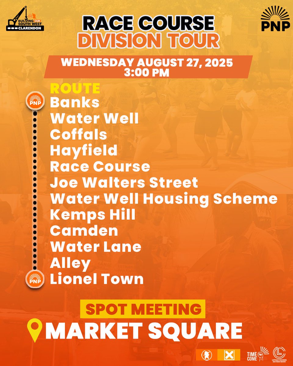 lothancousinsja's tweet photo. Time Come Soun’ Di Alarm! 
We’re up for another epic Division Tour!

Join us tomorrow at 3:00 PM for the Race Course Division Tour! We start at Banks then we will link up at Market Square for our Spot Meeting ✊🏾🧡

#JamaicaTimeCome
#BuildingSWClarendon
#ContinueToCountOnLothan https://t.co/PTzYf2fj0d
