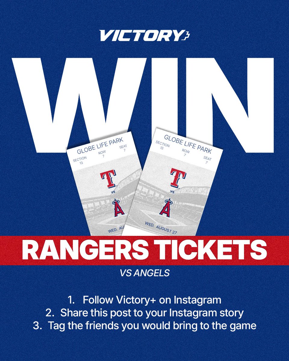 𝗥𝗔𝗡𝗚𝗘𝗥𝗦 𝗩𝗜𝗣 𝗧𝗜𝗖𝗞𝗘𝗧 𝗚𝗜𝗩𝗘𝗔𝗪𝗔𝗬✨

Victory+ is giving away four premium tickets with access to the Lexus Club for the Rangers-Angels game tomorrow night! 

Follow us on Instagram for a chance to win » bit.ly/4fUs6Z3

#MLB | #AllForTX