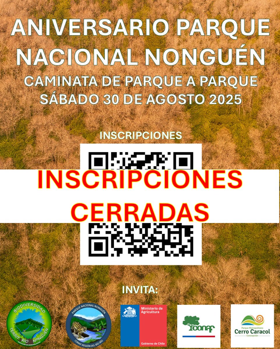 ✨ Gracias por el gran interés ✨
Los cupos de la Caminata de Parque a Parque (30 de agosto, 4° aniversario del Parque Nacional Nonguén) ya están completos 🙌.

🙏 Agradecemos a quienes se inscribieron y lxs esperamos en próximas actividades 🌳.

#ParqueNacionalNonguén #Caminata