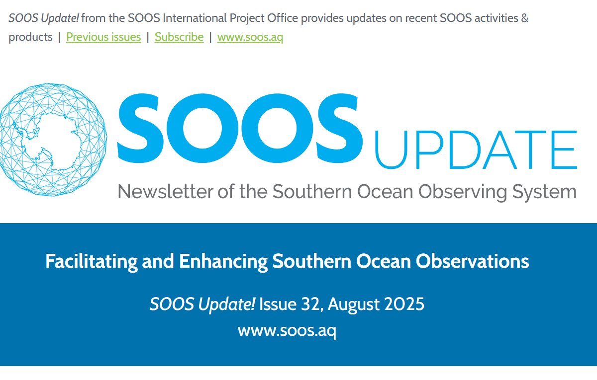 SOOSocean's tweet image. 🌊 #SOOS_Update Aug 2025 is out!
 
Meet new leadership &amp;amp; catch up on workshops, webinars &amp;amp; open-access research. 

Discover Antarctic citizen science, reveal Ross Sea currents, &amp;amp; other essential reads for anyone following climate impacts 
👉 …rnoceanobservingsystem.createsend.com/t/j-e-whddkhd-…
