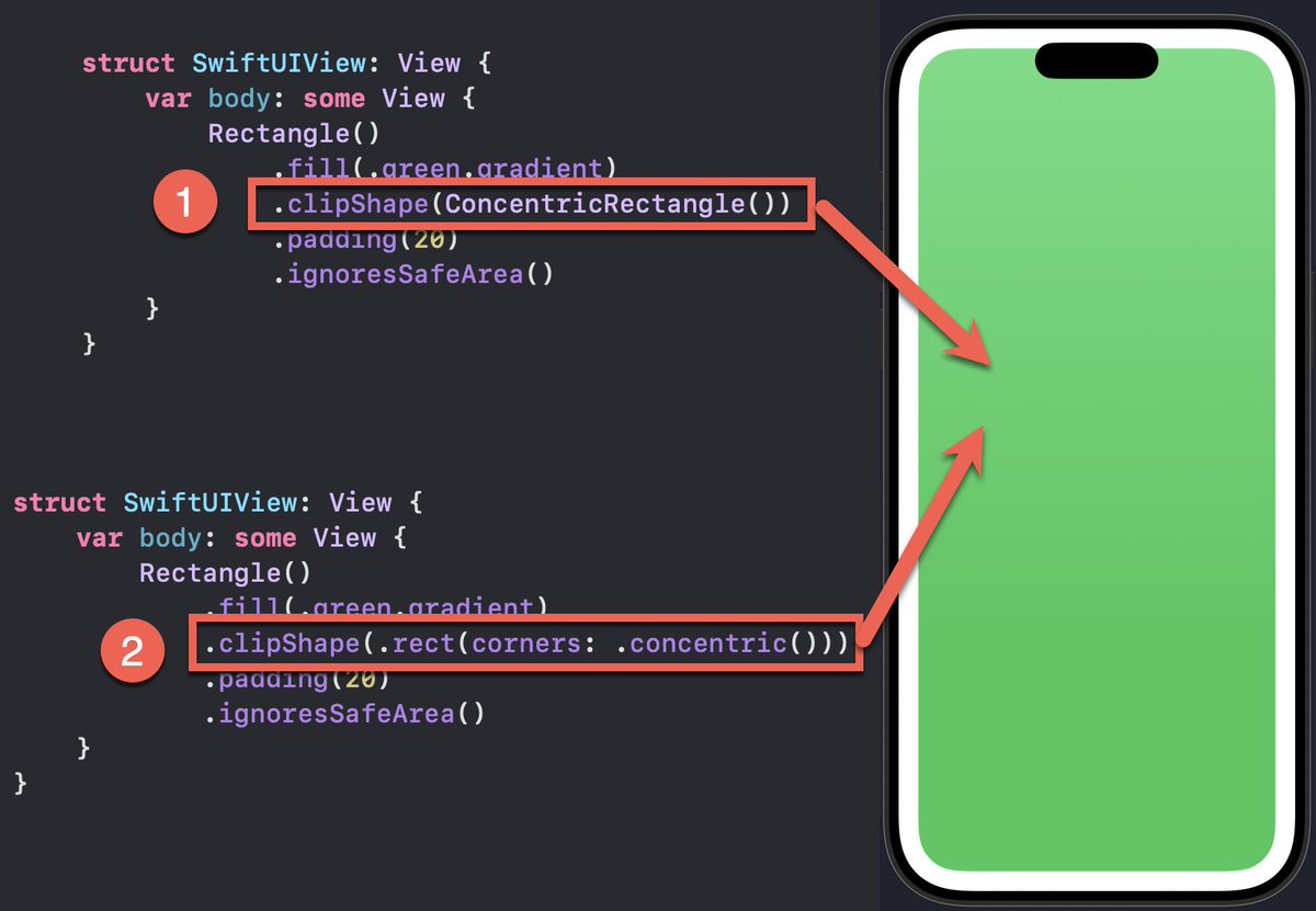 StewartLynch's tweet image. I am preparing a video on concentric corners.  Before I do that I want to check to see why one would use option 2 over option 1 when they both give me the same thing.  Option 1 just seems easier to remember.  #iOS26 #SwiftUI 
Feedback appreciated ❤️ @NilCoalescing