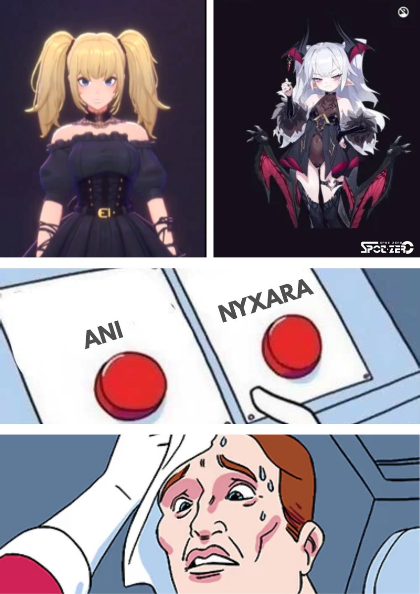 Hold up!! Picking between these waifus is tougher than any boss battle… 🥵

But this time I'll go with Nyxara. 

Chat with Nyxara now on the Eimi App.
Follow <a href="/SpotZero_Game/">Spot Zero</a> for more info!

#Eimi #Spotzero #Event #Meme