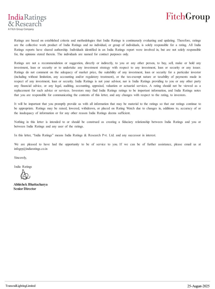 tsatwork's tweet image. Transrail Lighting 
#Transrail

✅ Credit Rating Upgrade from stable to Positive 
&amp;gt; Current rating: IND A+/Positive/IND A1+
&amp;gt; Previous rating: IND A+/Stable/IND A1+

✅ Additional bank loan facilities of INR 4700 crore granted