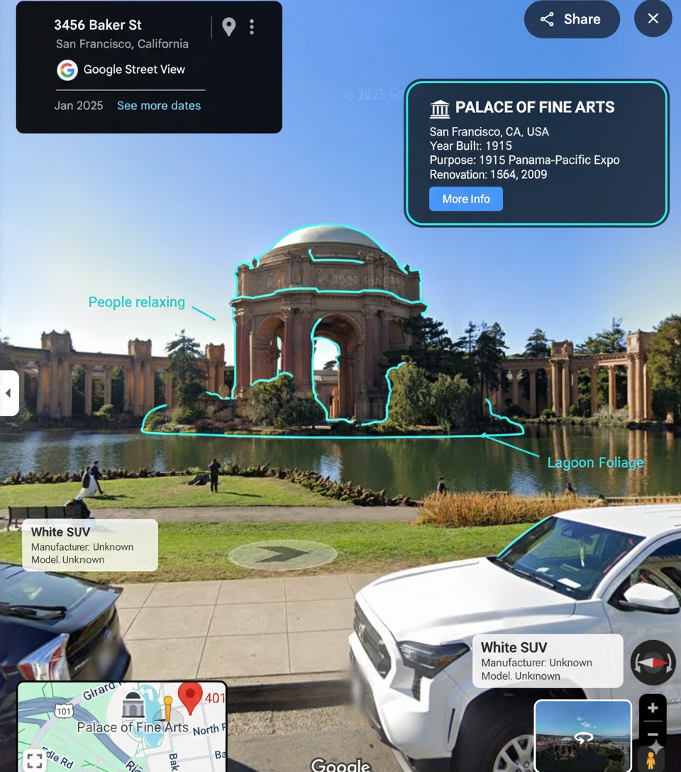 Since nano banana has gemini's world knowledge, you can just upload screenshots of the real world and ask it to annotate stuff for you.

"you are a location-based AR experience generator. highlight [point of interest] in this image and annotate relevant information about it."