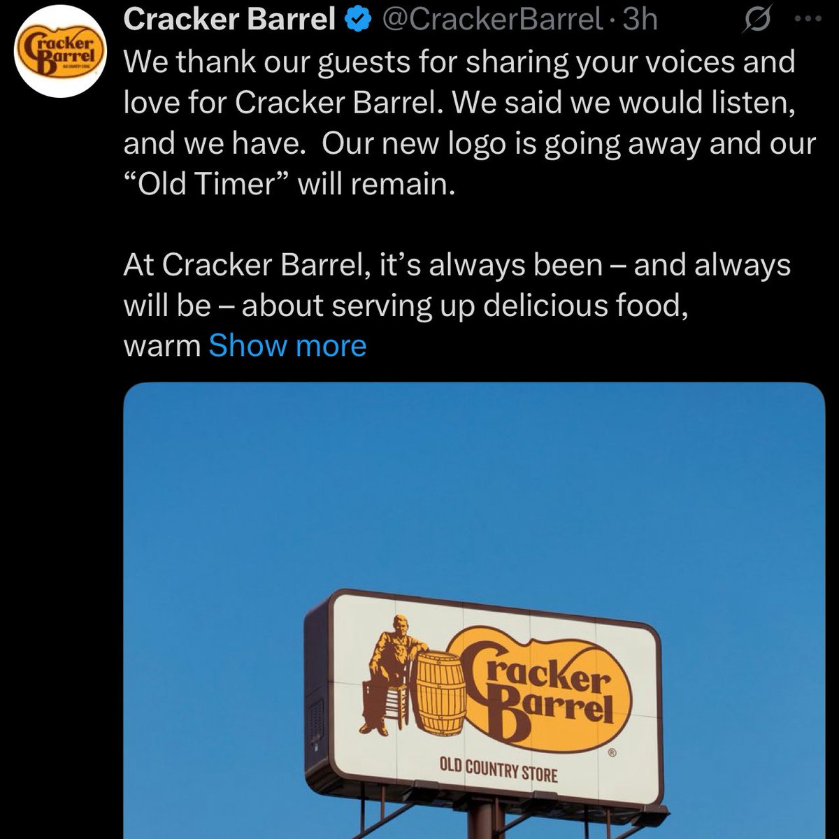 Cracker Barrel decides to change their new logo back to the old logo 🤣 winning 🇺🇸