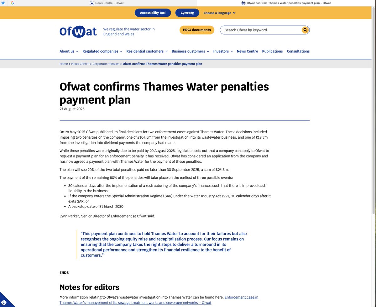 What a complete and utter farce. 

Remember <a href="/Ofwat/">Ofwat</a>'s bluster about the biggest ever fine ever issued, the one against @Thameswater, the £122.7 million that had to be paid by 20th August, blah, blah, blah.

Turns out <a href="/Ofwat/">Ofwat</a> has now agreed that TW can pay 20% by 30th Sep this year