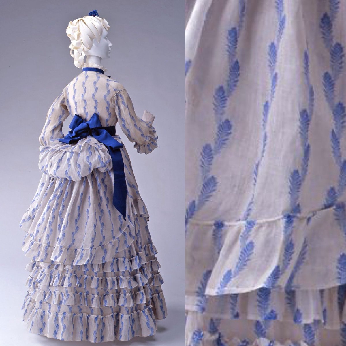 The pattern running up and and down the length of this mid #1870s white cotton dress consists of meandering, interlocking blue feathers, drifting silently from head to toe #thekyotocostumeinstitute