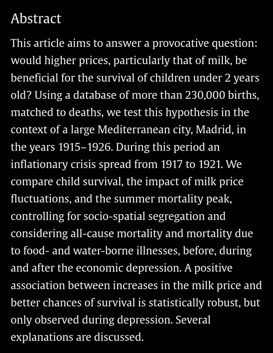 Including 
Did the 1917–21 economic depression accelerate the epidemiological transition? Milk prices, summer peak of mortality, and food-and-water causes of death in #Madrid, Spain, by Oris, Mazzoni, Ramiro-Fariñas
Explorations in Economic History 👉
doi.org/10.1016/j.eeh.…