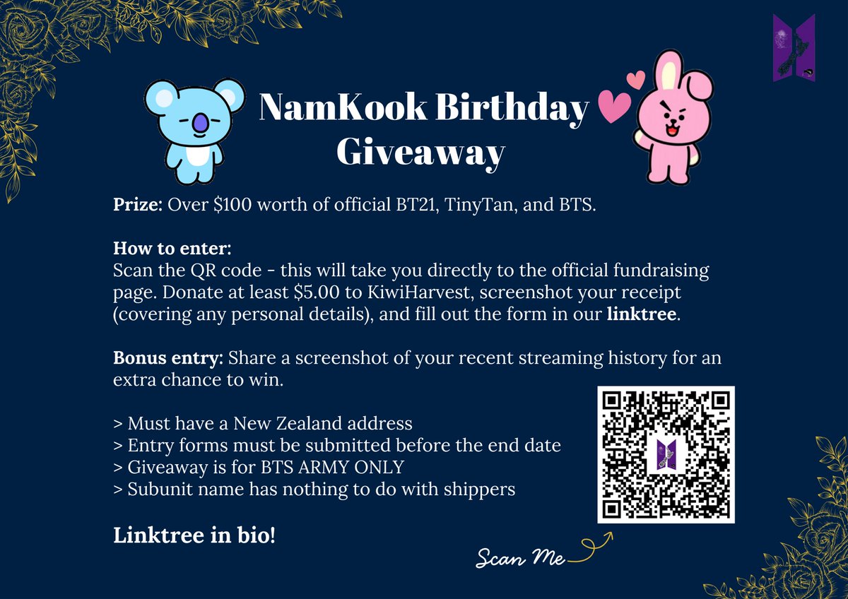 KiwiARMY4BTS's tweet image. It’s Virgo season, our 7 are cooking up the 2026 AOTY, and we have a fundraiser to celebrate Namjoon &amp;amp; JK’s birthdays!

Read about the organisation we have selected, then follow the instructions on how to enter our giveaway. 

Borahae ARMY 💜💜💜

#RM #JUNGKOOK 
#BTSKiwiARMY…