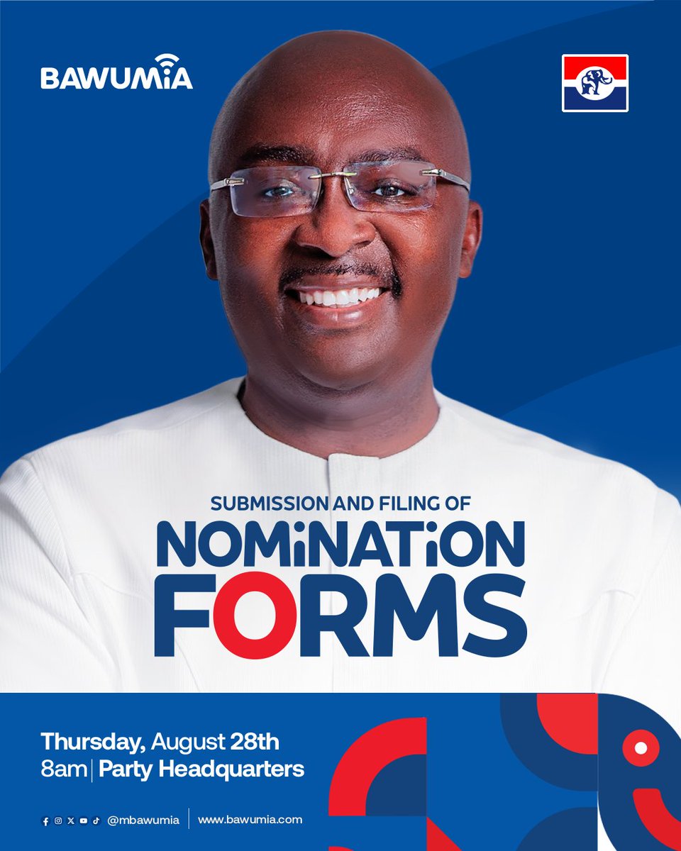 Dr. Mahamudu Bawumia (@mbawumia) on Twitter photo Dear members of our cherished <a href="/NPP_GH/">New Patriotic Party</a>, I would be submitting and filing my nomination forms tomorrow morning at the Party headquarters.
#Bawumia2028
#BawumiaIsComing Dear members of our cherished <a href="/NPP_GH/">New Patriotic Party</a>, I would be submitting and filing my nomination forms tomorrow morning at the Party headquarters.
#Bawumia2028
#BawumiaIsComing
