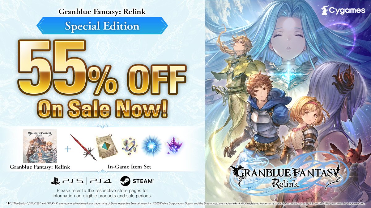 gbf_relink_jp's tweet image. The Special Edition of Granblue Fantasy: Relink, which includes bonus in-game items, is now on sale for 55% off!

Steam: On sale until 10 a.m., Sep 6 (PT)
store.steampowered.com/app/881020/Gra…

PlayStation™Store: On sale until 11:59 p.m., Sep 10 (PT)
store.playstation.com/concept/229066

#Relink