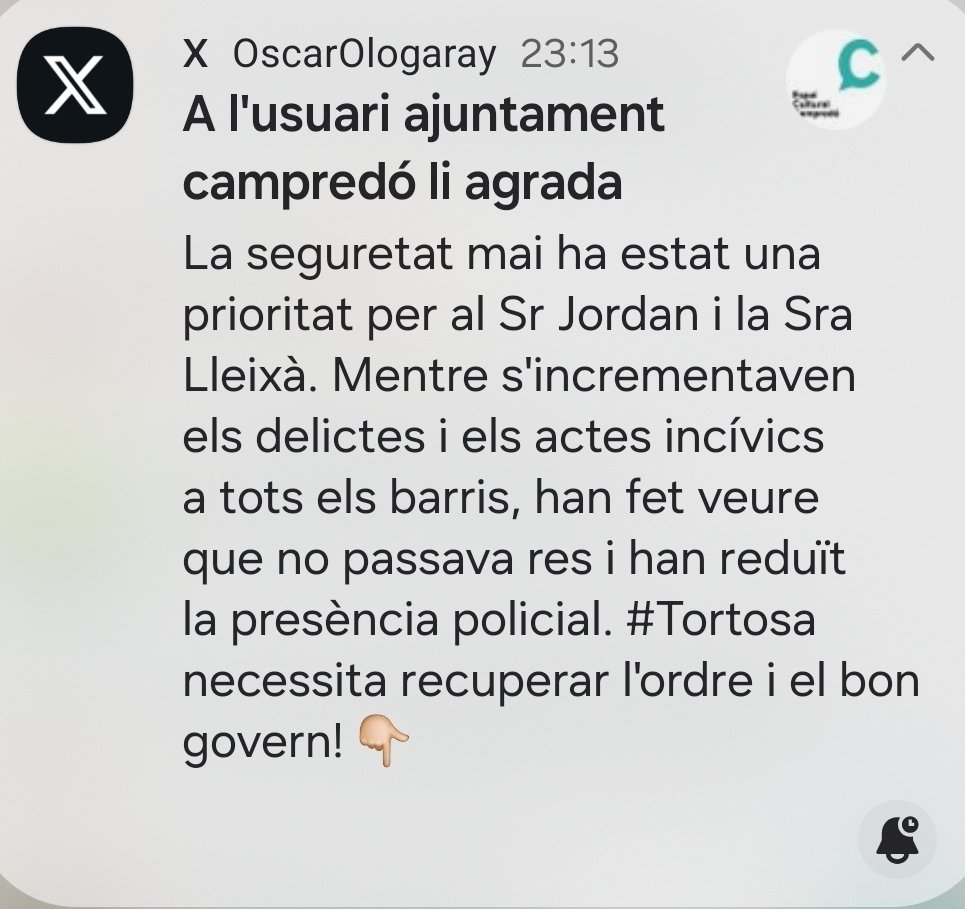 Fins i tot l'EMD de Campredó pensa que cal recuperar l'ordre i reforçar la seguretat a #Tortosa 👇🏼