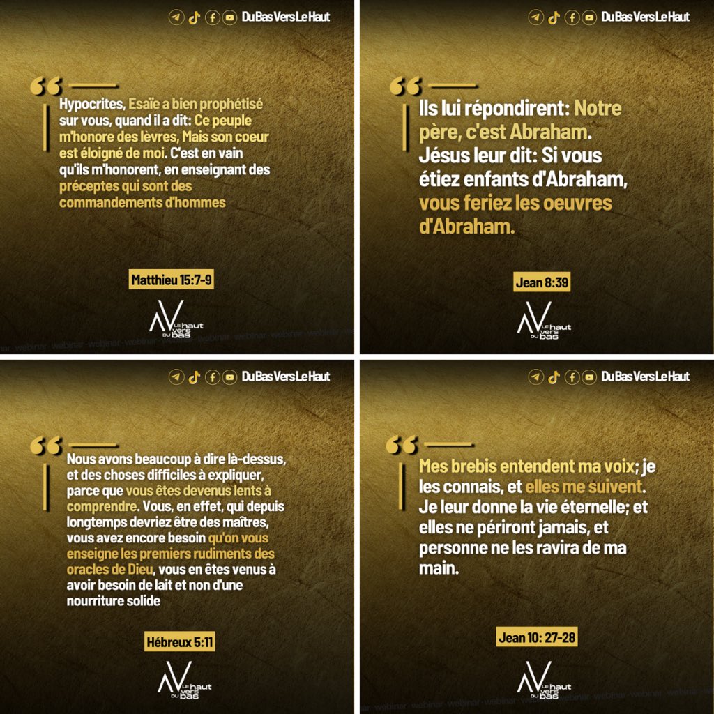 Certains  ont lu la Bible 10 fois, mais ne l’ont même pas compris une fois Cherche à comprendre la parole plutôt de réciter et te vanter 

Écoute et télécharge  le message de ce matin sur notre site web👉🏾 dubasverslehaut.com/medias/