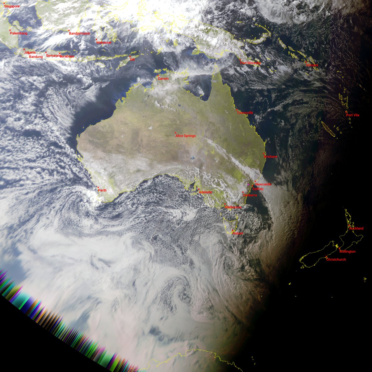 #MeteorMN2_4 (5:06UTC) 3:06pm 27 Aug AEST
#Satdump, #QFH, #Nooelec Noaa, #RTLSDR
#ElektroL4 (6:42UTC) 4:42pm
Satdump, #DiscoveryDish, #Airspy mini
#weather #LRPT #Satellite #Australia #NewZealand #Globe #Earth