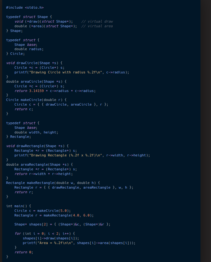 gutsOfDarkness8's tweet image. Implementing a Mini Virtual Table (vtable) – OOP without Classes:
C doesn’t have classes or inheritance built-in, but using structs + function pointers, you can simulate polymorphism like in C++/Java. This is how many kernels, drivers, and embedded frameworks implement…
