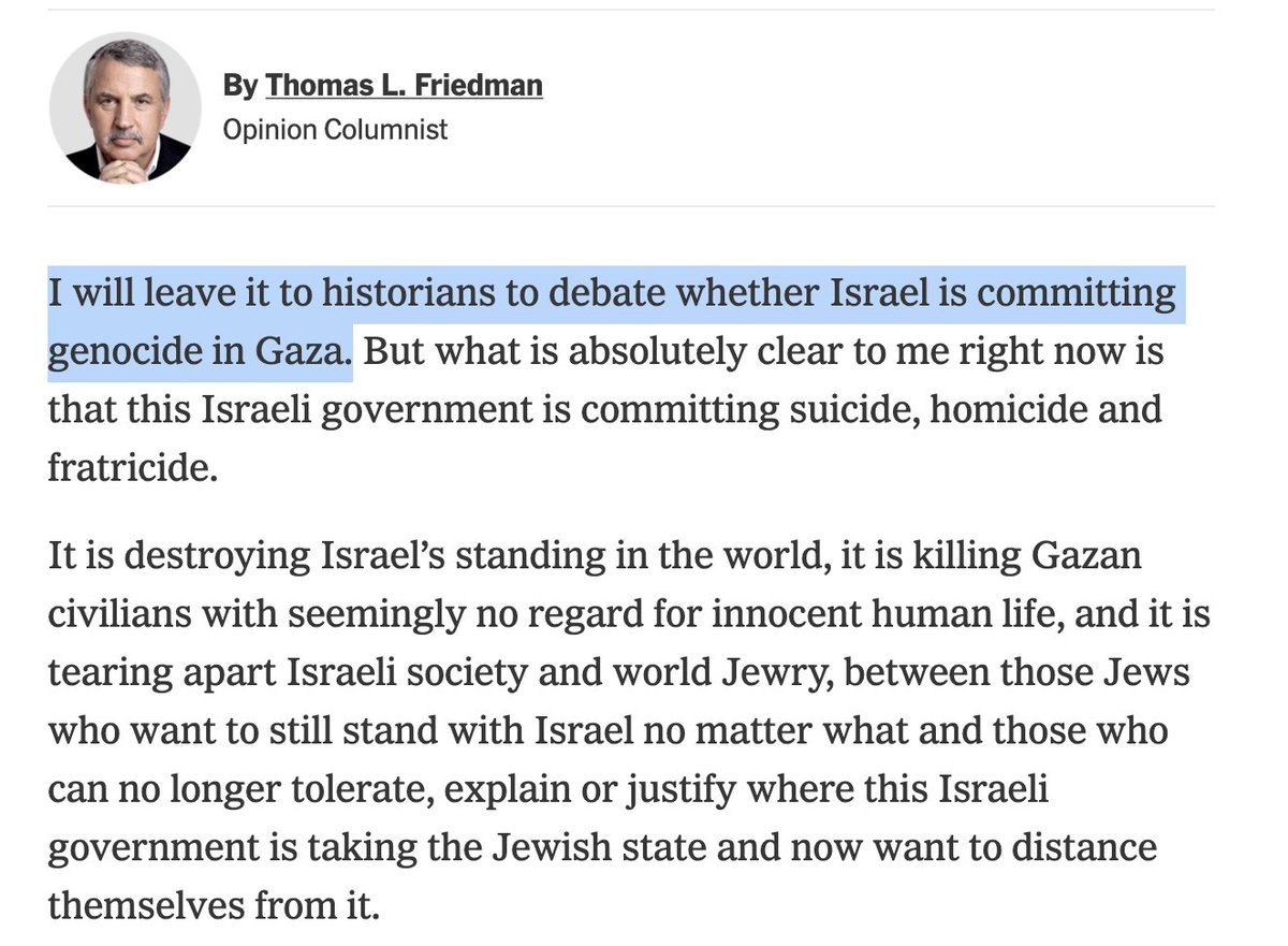 Owen Jones (@owenjonesjourno) on Twitter photo What a morally despicable sentence from <a href="/tomfriedman/">Thomas L. Friedman</a>.
1) A consensus of genocide experts say it's genocide
2) If you think there's a substantial chance genocide is taking place, facilitated by your government, you have a moral responsibility to do everything you can to stop it What a morally despicable sentence from <a href="/tomfriedman/">Thomas L. Friedman</a>.
1) A consensus of genocide experts say it's genocide
2) If you think there's a substantial chance genocide is taking place, facilitated by your government, you have a moral responsibility to do everything you can to stop it