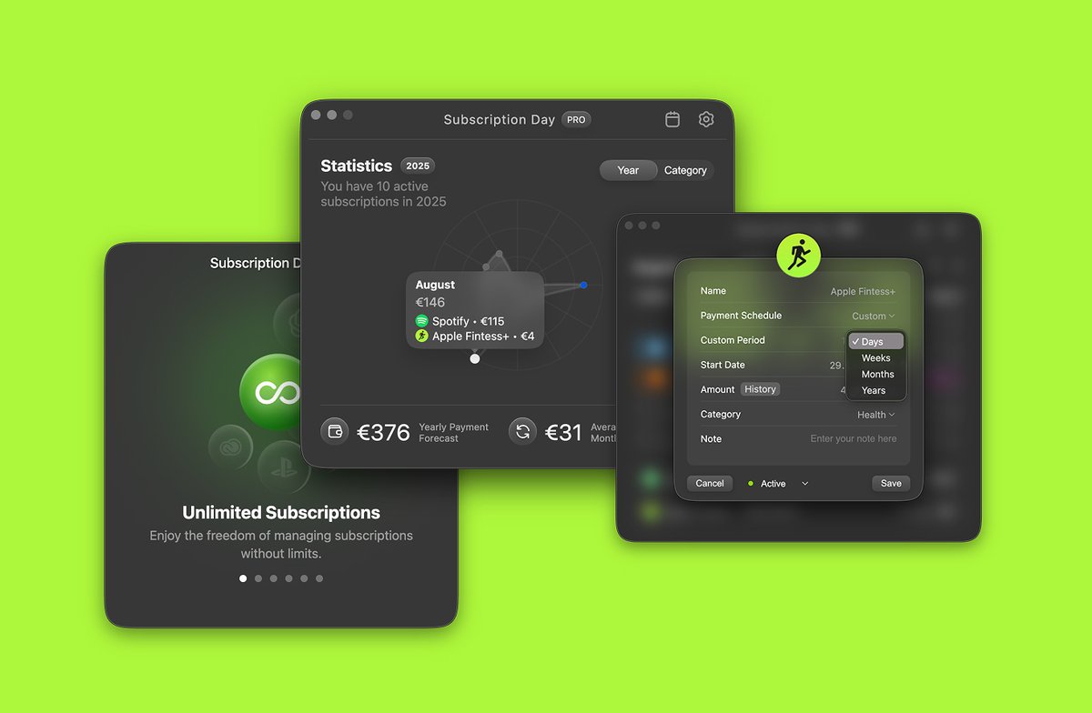 New version of Subscription Day (an app for managing paid subscriptions) is ready and will be available in a few days. Everything you’ve been asking for: iCloud sync, Archives, Tags, Search, macOS 26 support ✨, plus a couple of secret features.