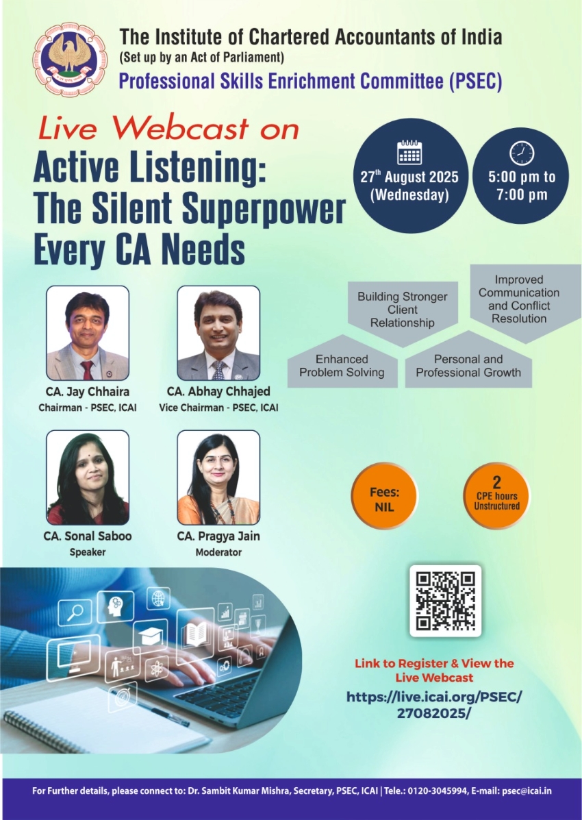 Active Listening is more than hearing words, it’s about understanding intent, building trust creating stronger professional relationships with clients, colleagues, regulators &amp; society at large.

𝐉𝐨𝐢𝐧 𝐮𝐬 for this insightful webcast <a href="/PSECicai/">Professional Skills Enrichment Committee, ICAI</a> <a href="/theicai/">Institute of Chartered Accountants of India - ICAI</a>