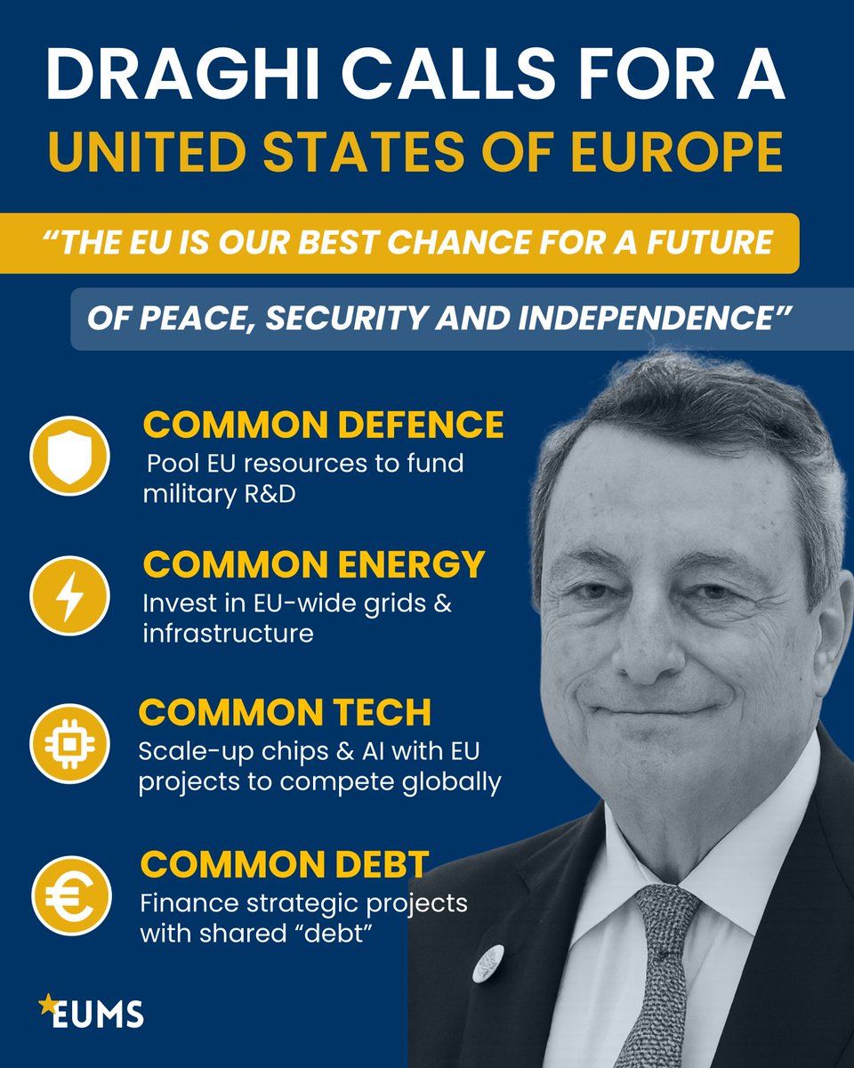 🇪🇺 Mario Draghi Calls for European Integration in Rimini 🇮🇹

In a powerful speech, former ECB President &amp; Italian PM Mario Draghi declared that Europe must transform itself, from a spectator into a protagonist.

He warned that the age of nation states is over, and that only a