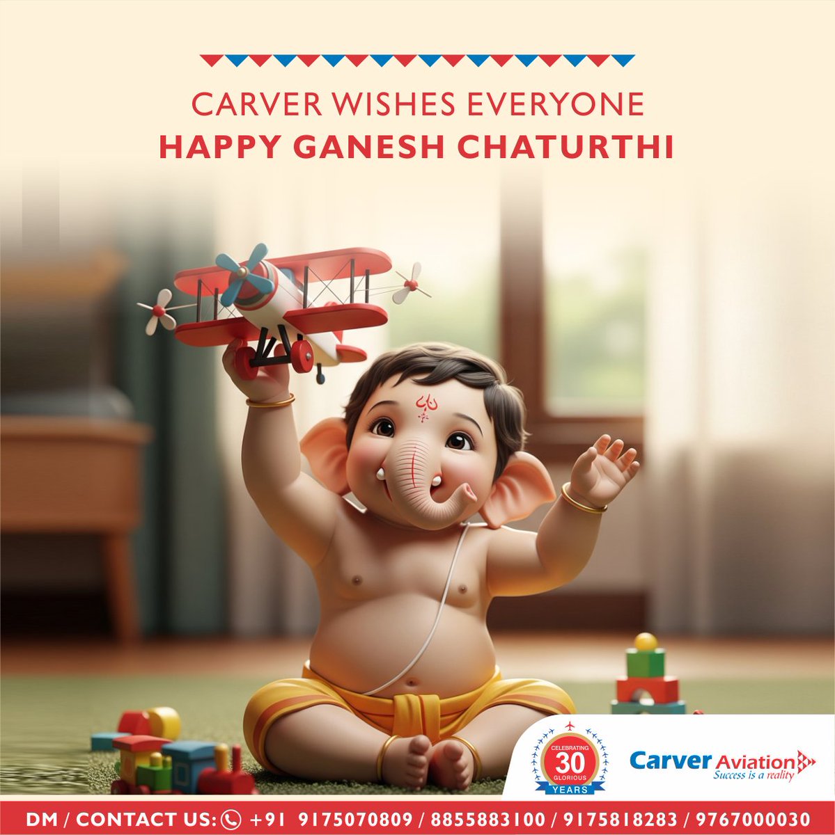 Landing into the festive spirit !!🎉✈️

As we celebrate Ganesh Chaturthi, let's remember the importance of removing obstacles and embracing new opportunities! 🚀

Wishing everyone a happy Ganesh Chaturthi from Team Carver🙏 

#GaneshChaturthi #CarverAviation
#baramtiairport