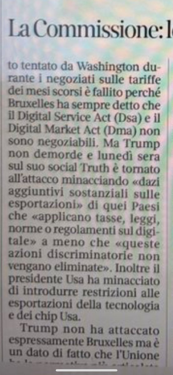 ClaudiaGiuIia's tweet photo. Lo scrivevo a inizio Aprile:

“Cosa vuole Trump imponendo dazi all’Europa? Ottenere una retromarcia della Commissione Europea sui regolamenti e le multe ai Big Tech”

Si legge qui https://t.co/YwWCbsHvSR https://t.co/qcFogdvqeN