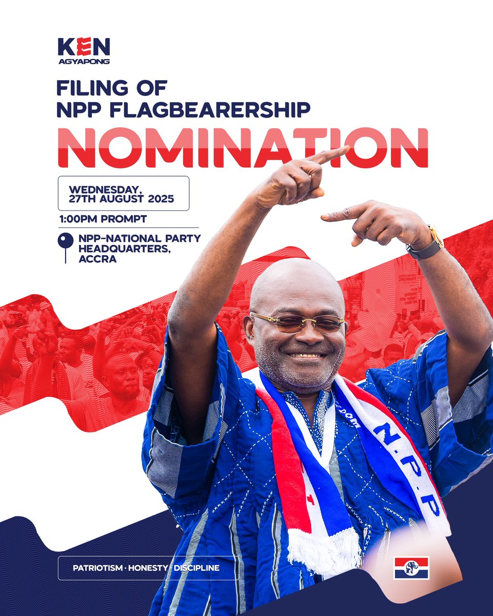 Today marks a defining milestone in our movement! 🚨

At 1:00 PM, Hon. Ken Ohene Agyapong (<a href="/realKenAgyapong/">Ken O. Agyapong</a>) will officially file his nomination for the NPP Flagbearership at the Party Headquarters in Accra.

This is more than a nomination, it’s a call to build a future rooted in