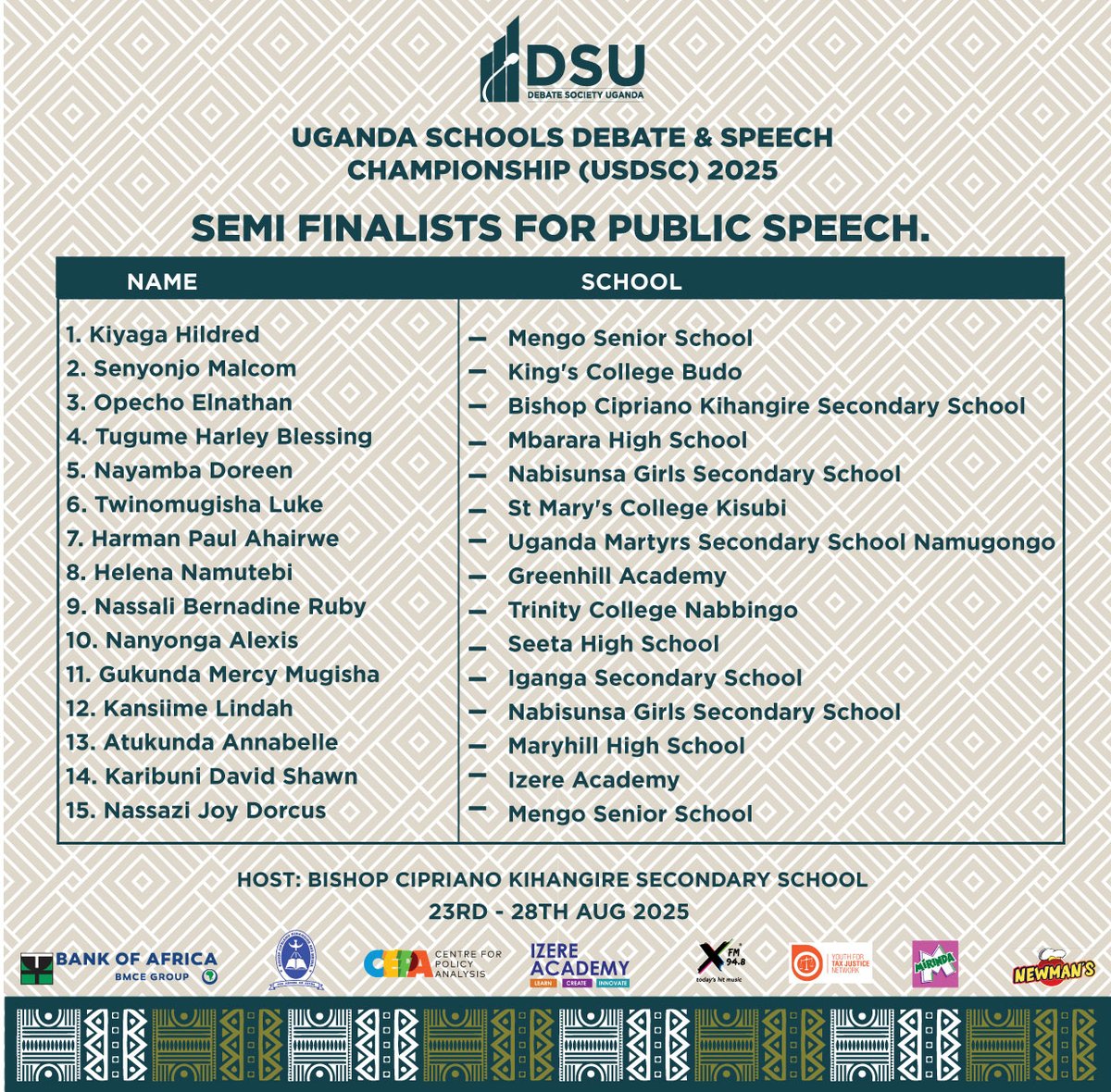 DebateUganda's tweet photo. These top 15 public speakers are semi final bound.

The final and the crown is within reach for all of them - yet only one will it all. https://t.co/IVaLsqvRWP