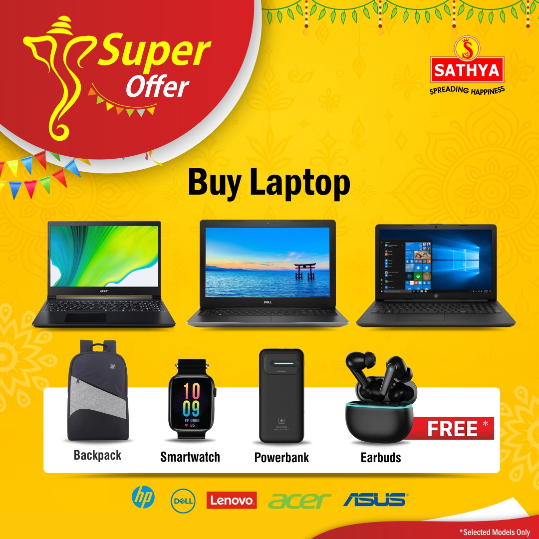 💻✨ Work, Study &amp; Play this Festive Season! Vinayagar Chaturthi &amp; Onam!
 Buy Laptops @ SATHYA + Free Gifts worth ₹15,496 🎉
 📍 Tamil Nadu &amp; Kerala Only | 🛒 bit.ly/48HoR1O
 #LaptopOffer #FestiveDeals #SmartChoices