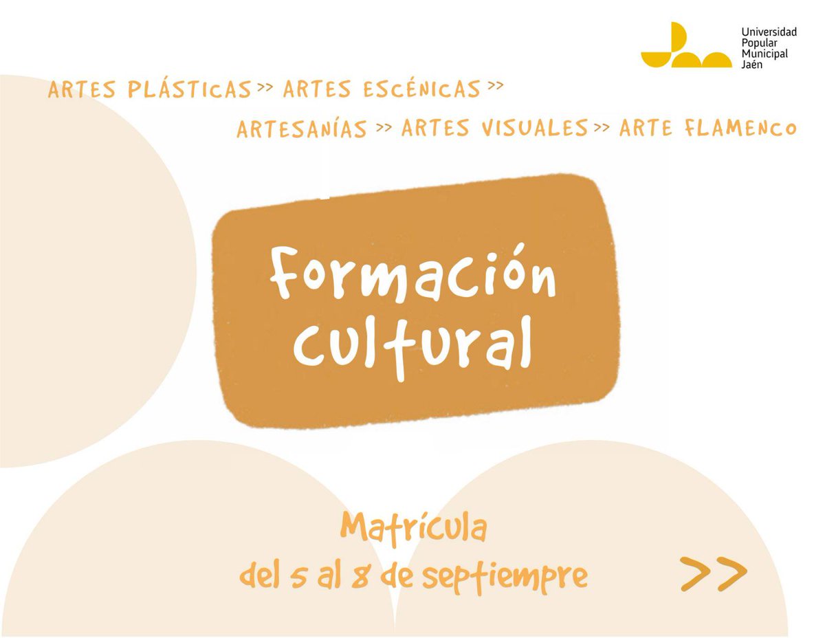 La #UPMJ te ofrece la formación cultural más completa de #Jaén para todas las generaciones ! 

👉 Pintar, bailar, hacer #teatro, música, #artesanía o flamenco... +info: upmj.es/programacion-u…

👉Matrícula: 5 al 8 septiembre desde 115€. +Info: upmj.es/tu-matricula-p… 

<a href="/AytoJaen/">Ayuntamiento de Jaén</a>