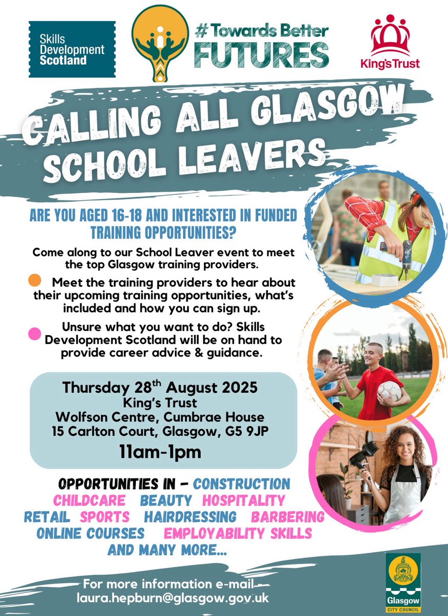 Calling all school leavers! 📣 are you aged 16-18, recently left a Glasgow Secondary school and interested in funded training opportunities? Come along to our open day this Thursday to meet some of the top training providers in Glasgow. Please share 
All info on the flyer 👇🏻
