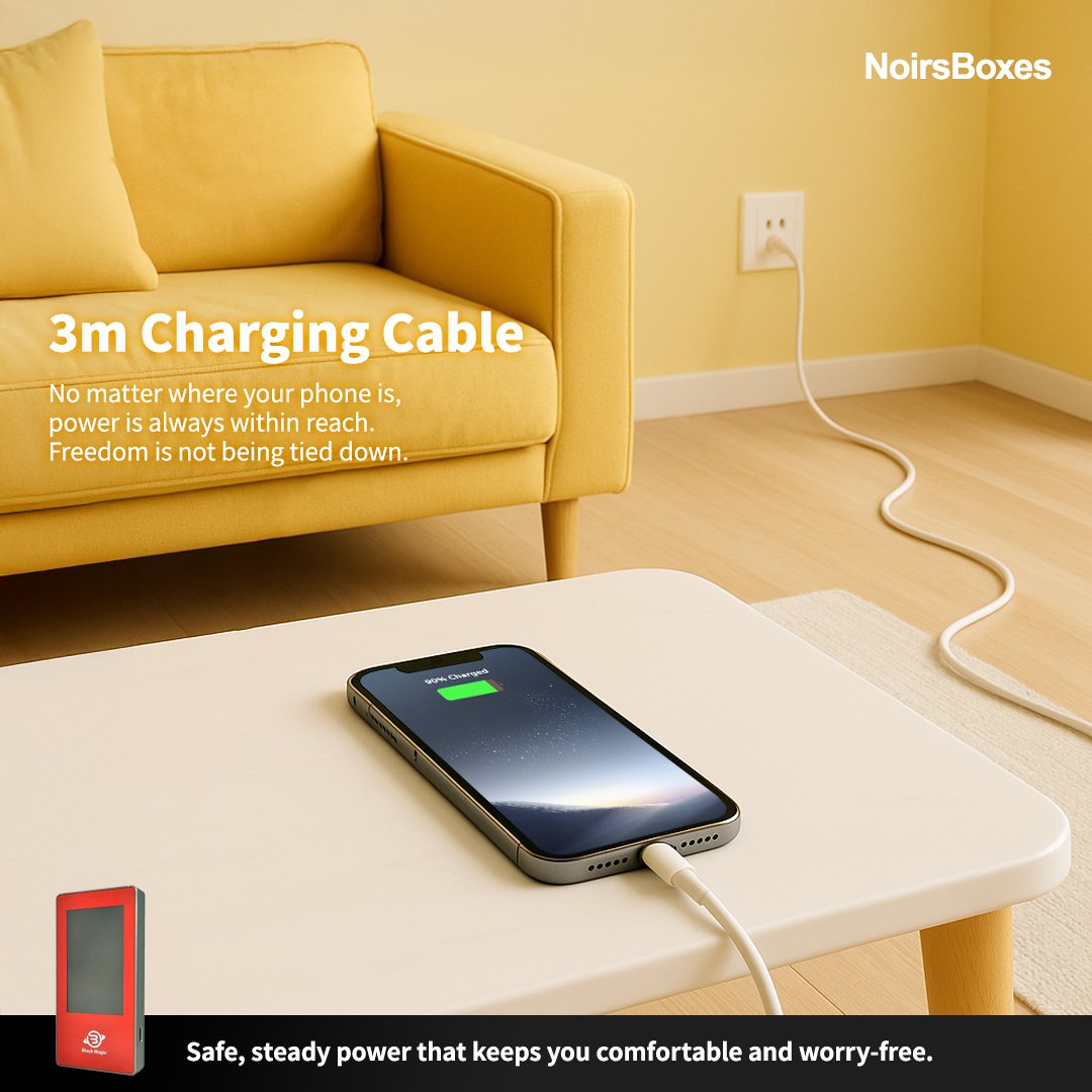 NoirsBoxes's tweet photo. [Longer Cables at Home Are Way More Convenient!]

A standard 1m charging cable works for most situations, but sometimes at home it just isn’t long enough 🤏

For example:
🔴 Outlets too far from your sofa or bed
🔴 Outlets hidden behind furniture, hard to plug/unplug
🔴 Shared outlets with multiple users, cable too short = awkward
That’s when a 2–3m cable comes to the rescue!

Long cables are great for home since you don’t need to pack them up. The extra length makes charging more comfortable. But keep in mind 👇

Longer cables are more prone to tugging or pressure — check for damage or bends regularly.
They may also have higher resistance, which can slow charging. Stick to certified, high-wattage cables, and use a cable tester to check quality and charge safely 💕

■ For iPhone users
Noirs Boxes – Black Magic: https://t.co/xY9rh6fDlX 🛒

#cable #tech #lighting