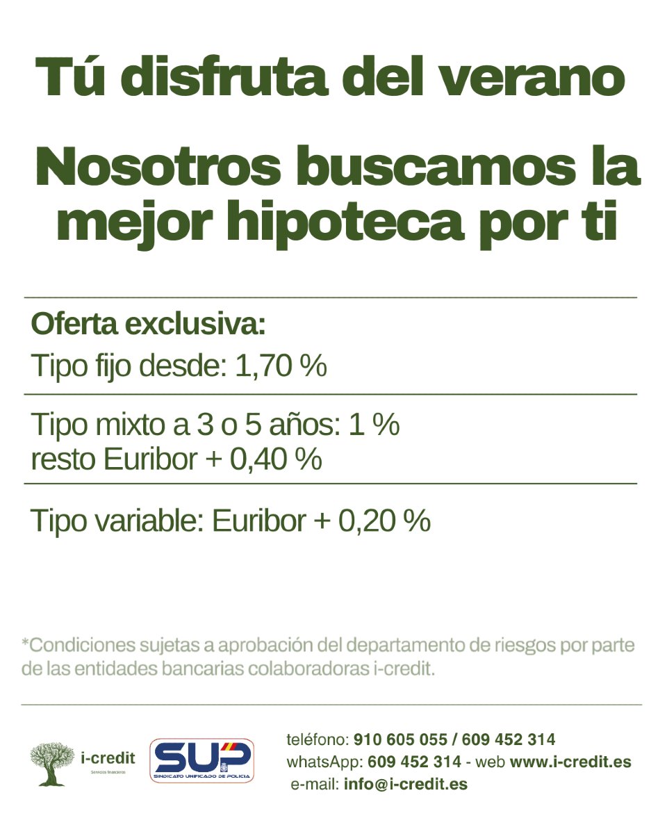 Sup_Policia's tweet photo. 🔋Necesitas tu #Hipoteca
🪫pero no tienes fondos para los gastos❓️
Quieres reunificar tu deuda❓️
💪La mejor #TasaDeInterés
Con #ICredit puedes conseguirlo y por ser afiliado al @Sup_Policia obten un descuento en el coste del servicio⤵️
https://t.co/S8rSwEnaxG #SupLíderEnServicios