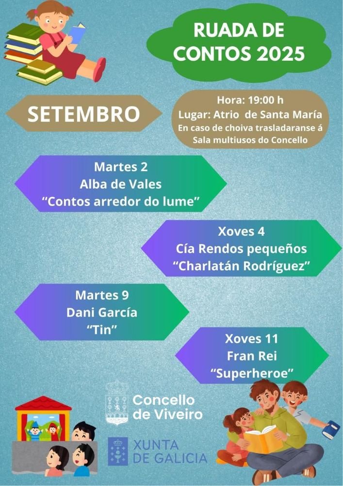 ✨ Viveiro énchese de contos este setembro!

Este setembro chega a Ruada de Contos 2025, un ciclo cheo de maxia, historias e moita imaxinación para desfrutar en familia. Será:

🗓️ Ás 19:00h
📌 Atrio de Santa María