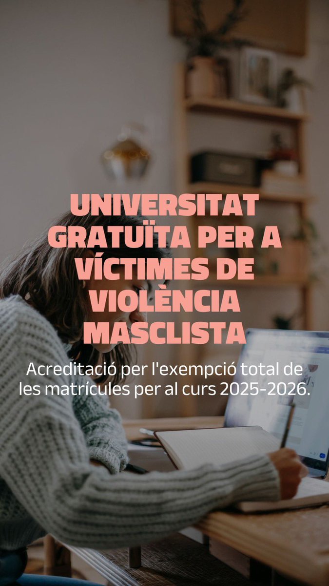 🎓 Si has patit violència masclista fora de l'àmbit de la parella, també tens dret a la matrícula universitària gratuïta.

🗓️ Tens temps per sol·licitar-la fins el 27/02/26.

🔗 Més informació: agaur.gencat.cat/ca/beques-i-aj…