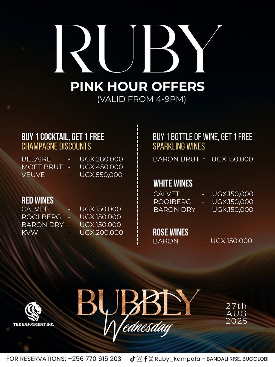 Mushrm (@mushroominc) on Twitter photo Need a midweek vibe? Swing by <a href="/Ruby_Kampala/">RUBY Wines & Tapas</a> for Bubbly Wednesday tonight, where <a href="/lynda_ddane/">Lynda Ddane</a>, <a href="/dj_ames_/">Amanda Othembi Sasha🇺🇬</a>, and <a href="/tr3vorstarr/">Tr3vor Starr</a> will be delivering epic tunes on the decks! Need a midweek vibe? Swing by <a href="/Ruby_Kampala/">RUBY Wines & Tapas</a> for Bubbly Wednesday tonight, where <a href="/lynda_ddane/">Lynda Ddane</a>, <a href="/dj_ames_/">Amanda Othembi Sasha🇺🇬</a>, and <a href="/tr3vorstarr/">Tr3vor Starr</a> will be delivering epic tunes on the decks!