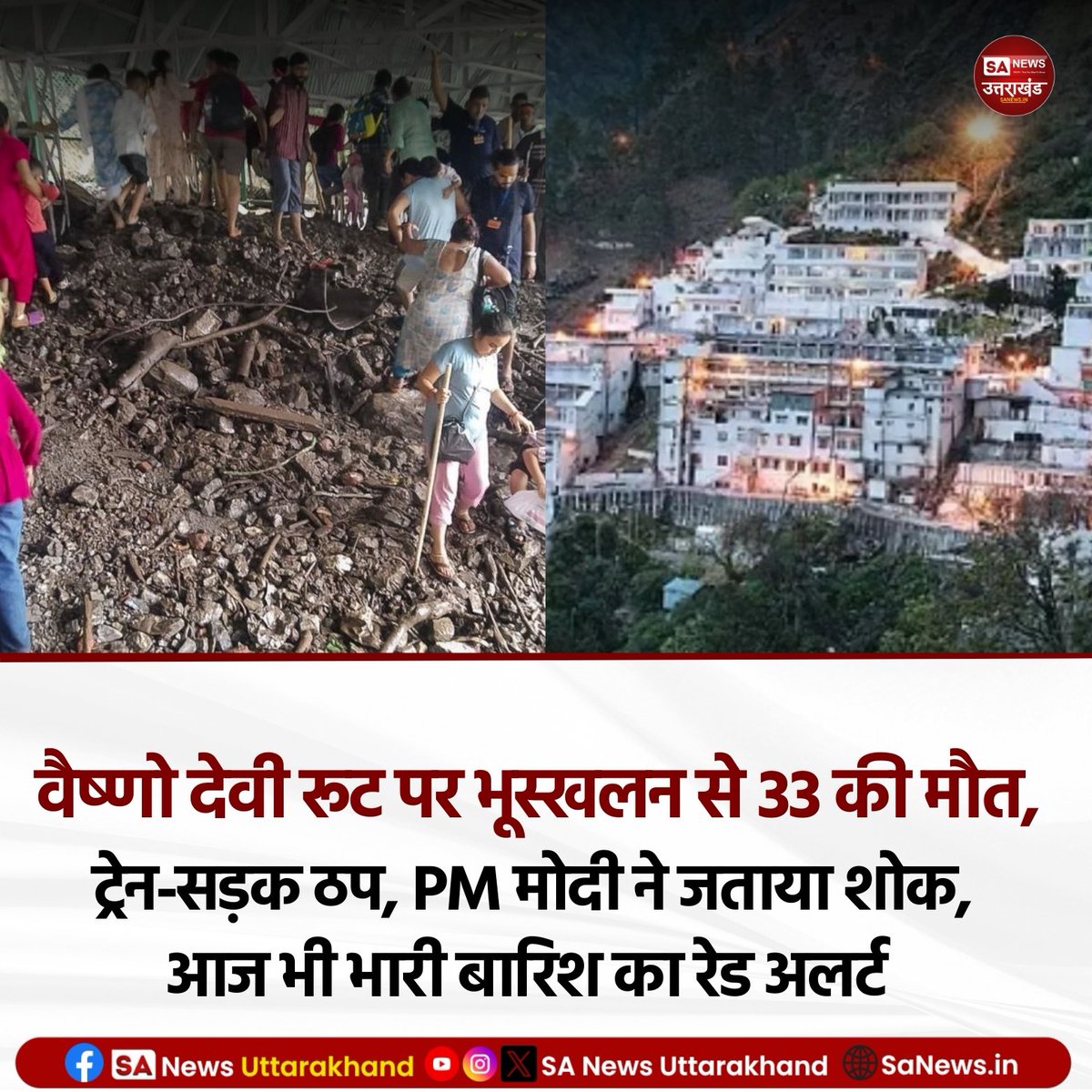 वैष्णो देवी रूट पर भूस्खलन से 33 की मौत, ट्रेन-सड़क ठप; PM मोदी ने जताया शोक, आज भी भारी बारिश का रेड अलर्ट
.
.
27 अगस्त, 2025
#JammuAndKashmir #SaNewsUttarakhand