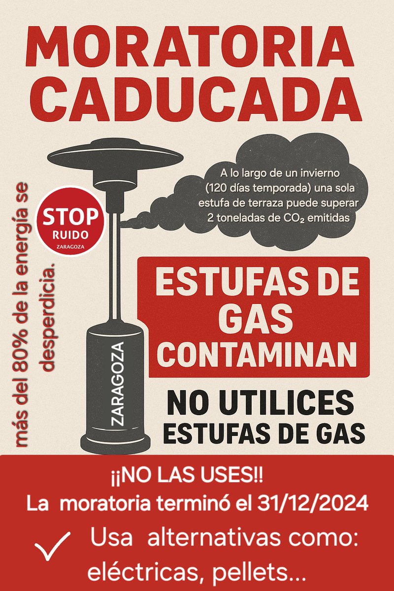 Consumo y emisiones de una estufa de gas de terraza
funciona con propano o butano y tiene una potencia de 10 a 15 kW
Su consumo es de 800 a 1.000 g de gas/hora (aprox. 1 litro de gas licuado/hora)
Al quemar 1 kg de gas licuado (GLP) se generan aprox. 3 kg de CO₂
No las uses!!
⬇️