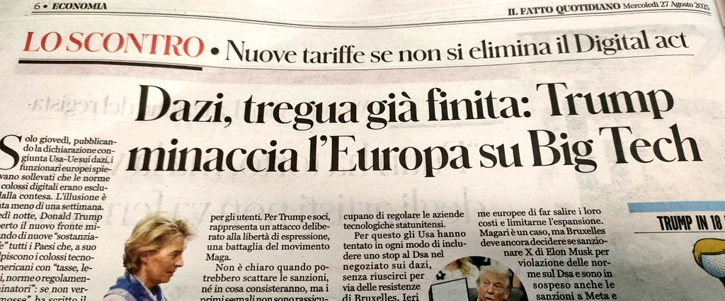 unoenessunoe's tweet photo. Avete visto a cosa è servito assecondare miseramente i ricatti di #Trump sui #dazi? A nulla. Perché adesso Trump alza la posta sul #digitalact, ovvero come la grandi piattaforme web usano i nostri dati. #Vonderleyen cosa farà adesso? @fattoquotidiano https://t.co/e7ejuCiioO