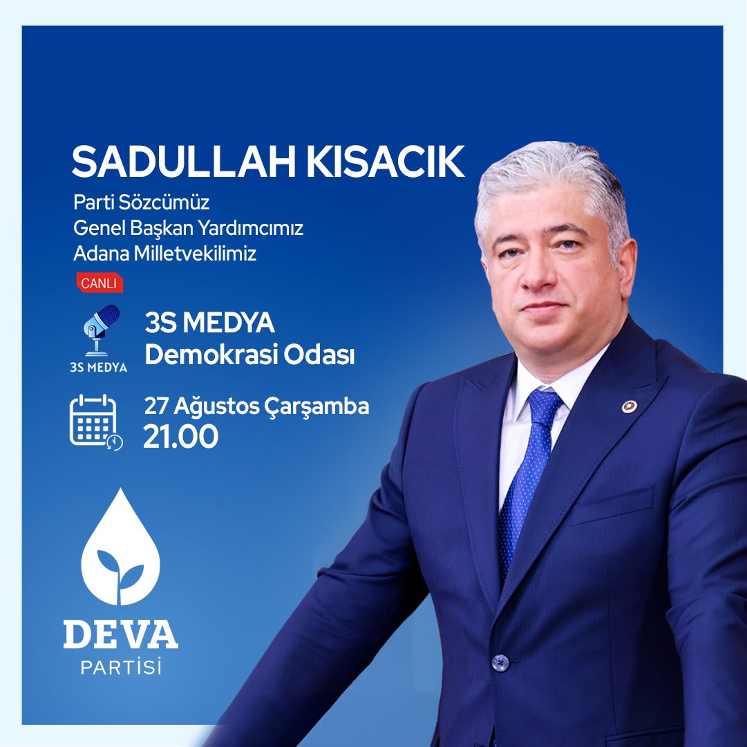💧🌱 Parti Sözcümüz ve Adana Milletvekilimiz <a href="/sadullahkisacik/">Sadullah Kısacık</a> 27 Ağustos Çarşamba,

🗓 BUGÜN  

🕰 21.00’de

📺 <a href="/3SMEDYA_resmi/">3S HABER</a>'de <a href="/Serkan_Kartal_/">Serkan Kartal</a> ile "Demokrasi Odası" programında gündemi değerlendirecek.
