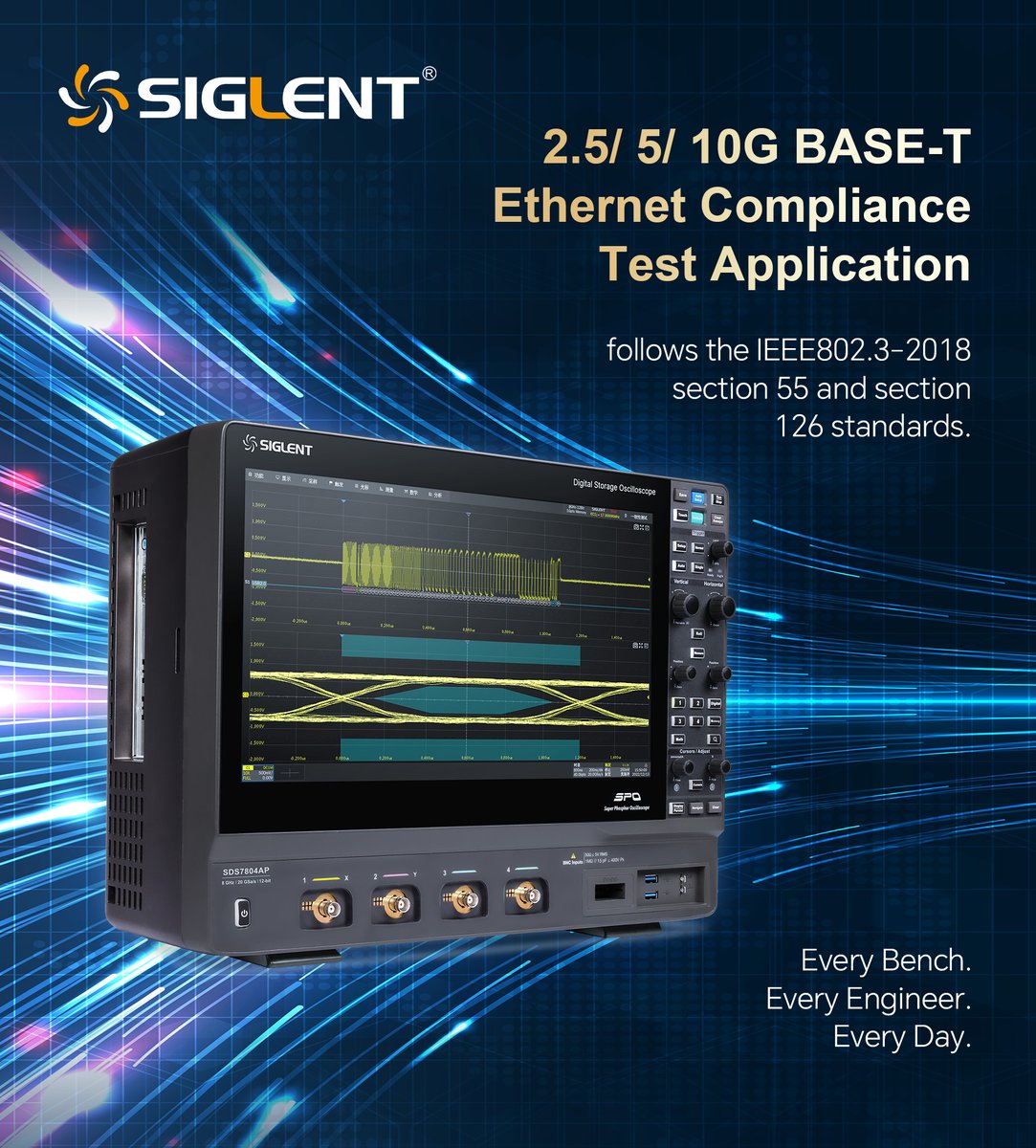 Siglent’s SDS7000A/AP series oscilloscopes provide 2.5G/5G/10G Ethernet Compliance Test with up to 20 GSa/s sampling and 8 GHz bandwidth. Tests include Jitter, output droop, linearity, distortion, and return loss. Download the 2.5G/5G/10G Compliance Guide: bit.ly/3GTQJIp